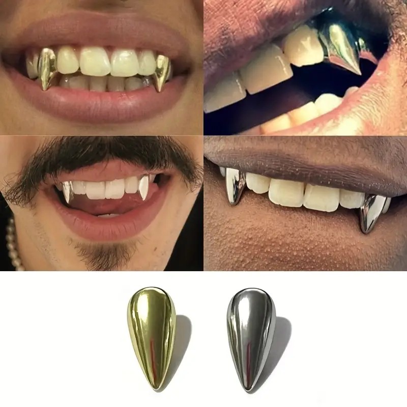 2 colmillos dorados y plateado - Body Jewelry For Men reseña y precio